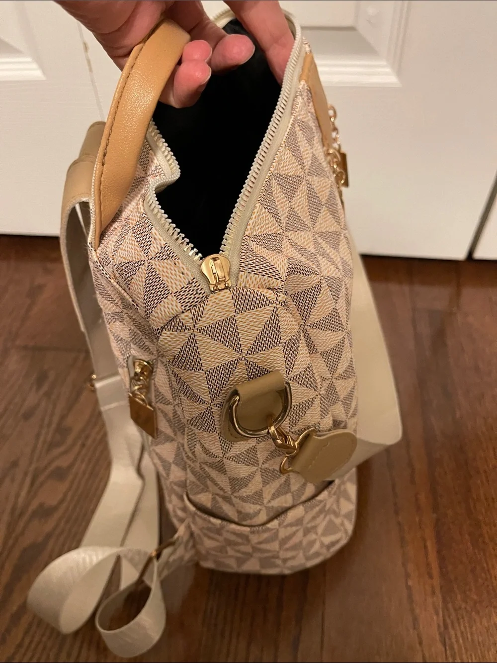 Geometric Pattern Convertible Crossbody Backpack in Beige and Tan